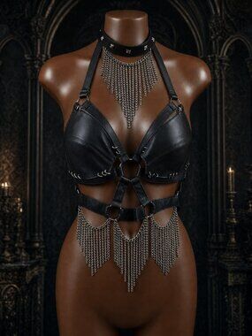 Not worn  Black Studded Chain Harness Bralette Festival Rave Top Adjustable S M